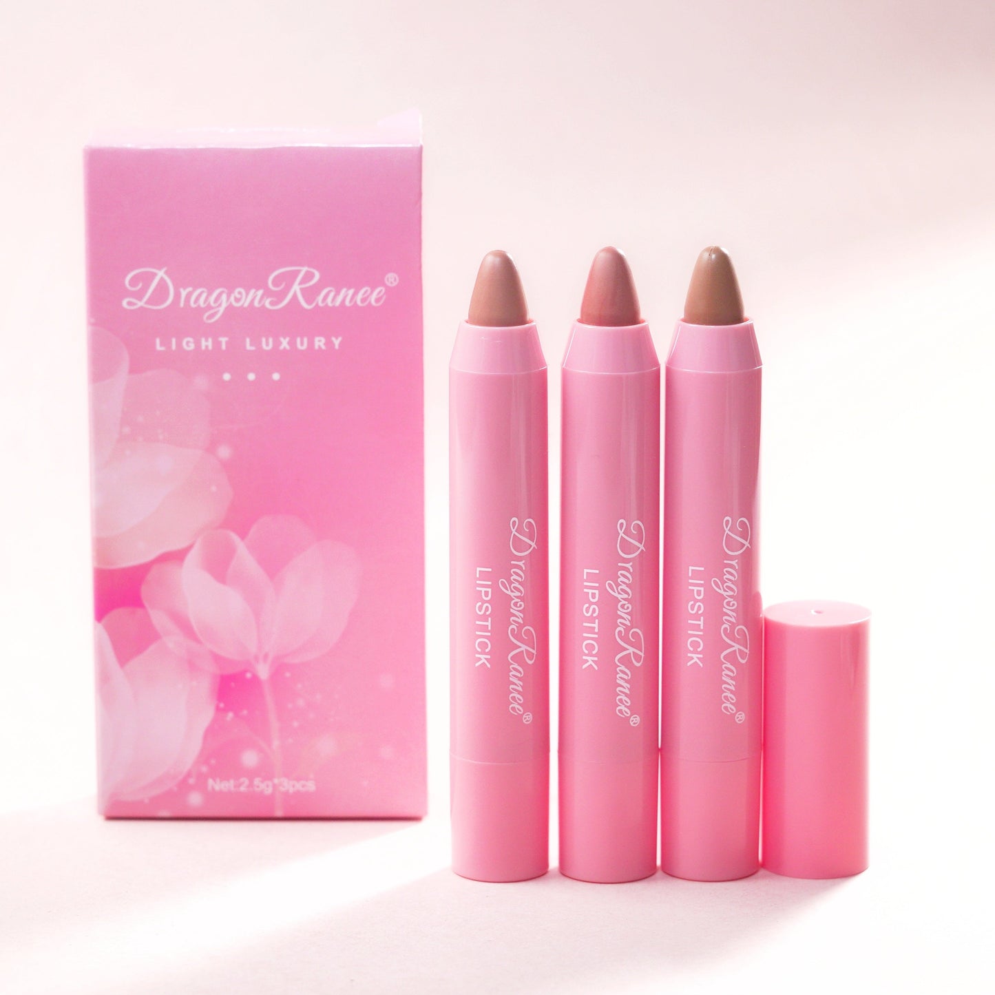 Dragon Ranee Velvet Crayon Case Lipstick Soft Matte Three Flower Nude Shades Set